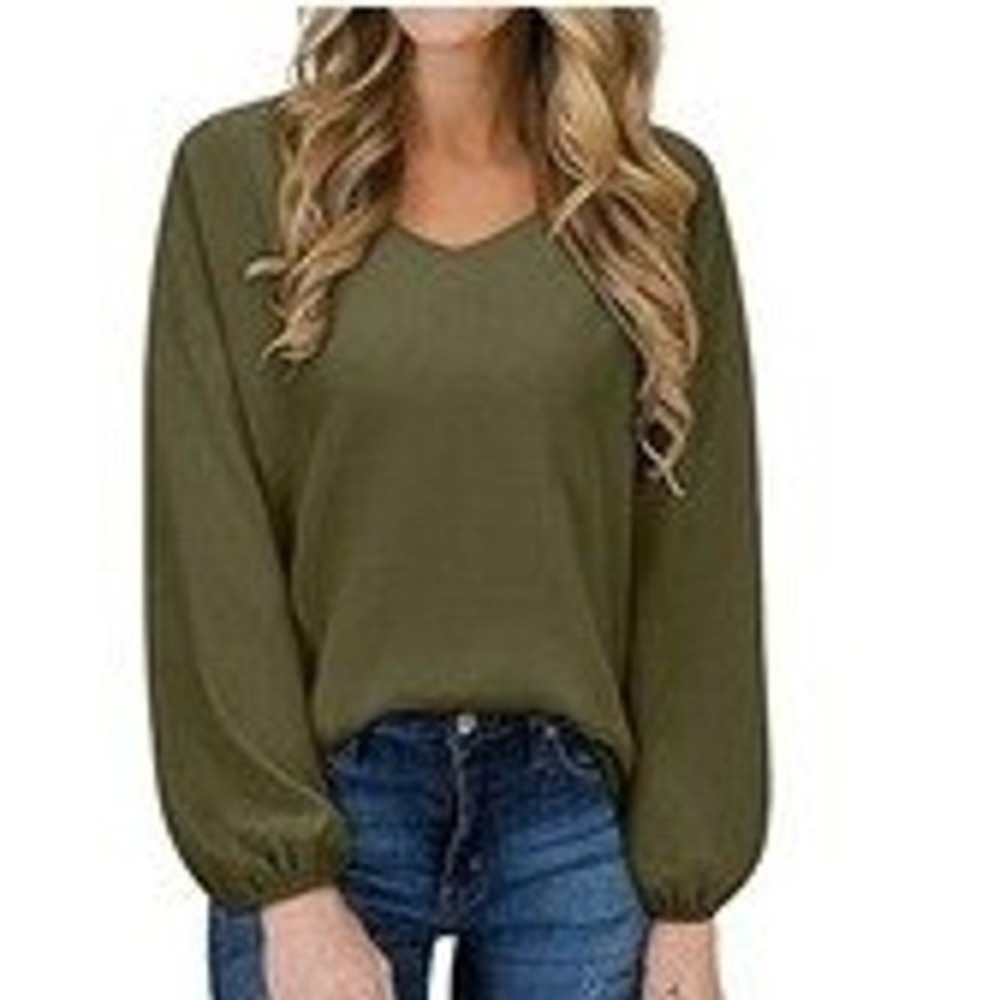 LAISHEN Olive‎ Green V Neck Long Sleeve Casual Blouse Top Women's Size L Layers